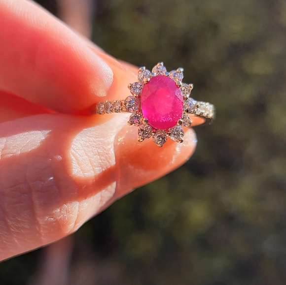 14k Solid Gold Ruby Ring with Diamond Halo - Picture 5 of 9